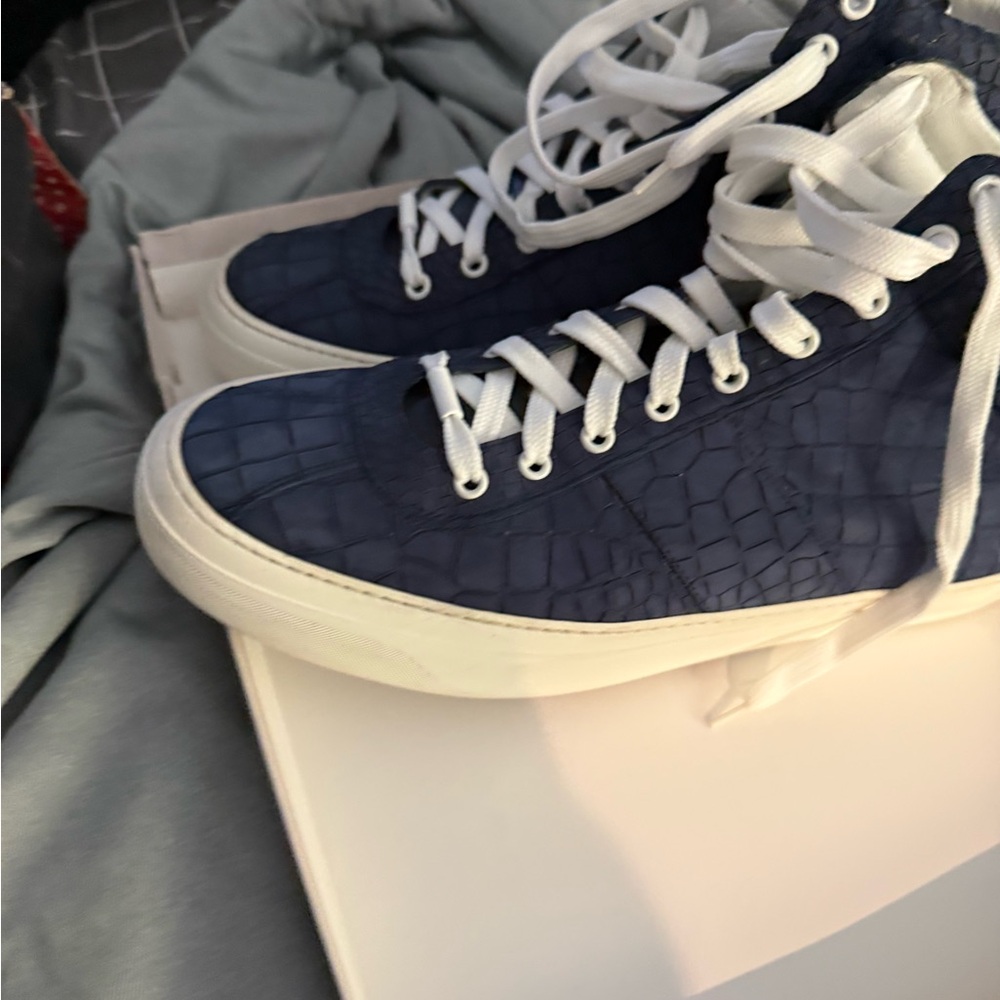 Jimmy Choo Navy Blue Croc-Embossed Sneakers with White Accents - Picture 7 of 8